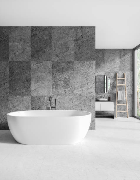 istock Light gray marble bathroom interior with tub and sink 1657559718