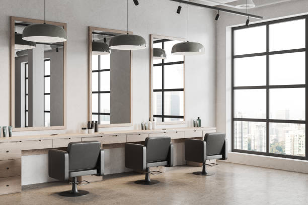 istock Light salon with armchairs and table with mirrors, panoramic window 1657560245