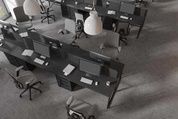 istock Top view of business workplace interior with pc computer and armchairs 1657561122