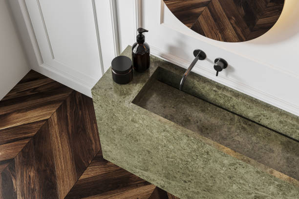 istock Green stone sink in white bathroom, top view 1657573649