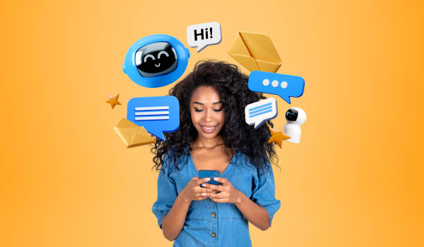 istock Black woman typing in smartphone and chat bot, online robot comm 1657576786