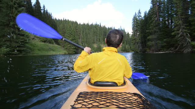 Peaceful kayak tour in a beautiful mountain lake.