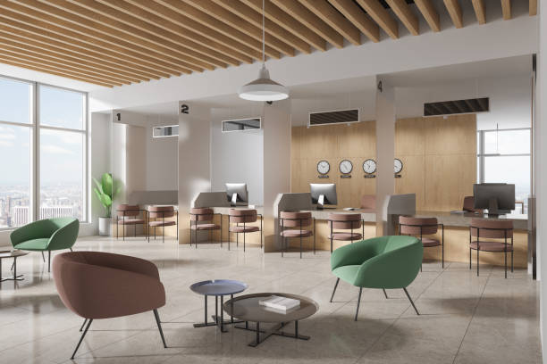 istock Modern office bank interior with waiting and consulting zone, panoramic window 1657588845