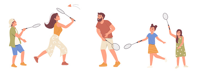 Happy people of different age, family, children and adults playing badminton having fun isolated on white background. Vector illustration mother, father and kid doing sports outdoor activities