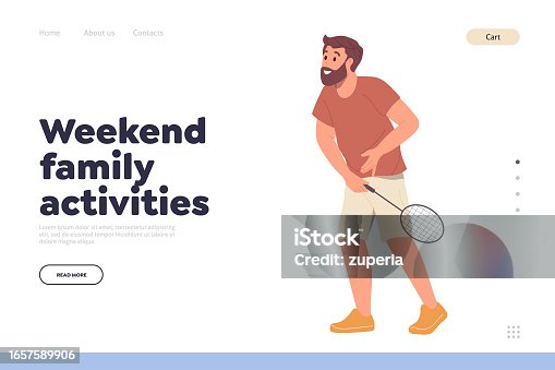 istock Weekend family activities landing page design template with overjoyed father playing badminton game 1657589906