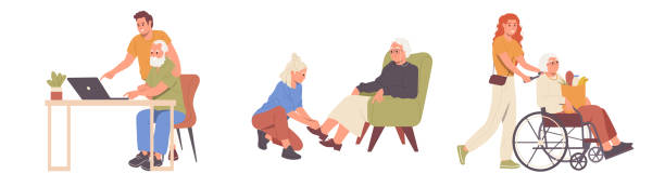 ilustrações de stock, clip art, desenhos animados e ícones de care for pensioner set with people nurses, caregivers and volunteers help elderly men and women - volunteer senior adult teenager occupation