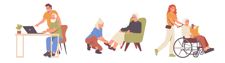 Social care service for pensioner isolated set on white background. Vector illustration of young people nurses, caregivers and volunteers help elderly men and women on retirement at home or hospital