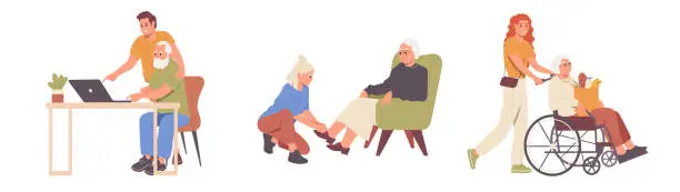 Vector illustration of Care for pensioner set with people nurses, caregivers and volunteers help elderly men and women