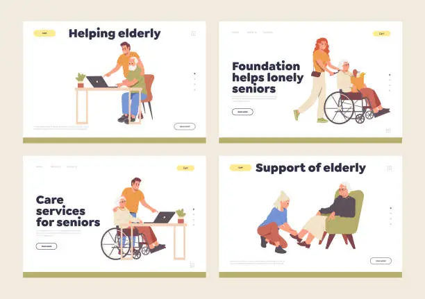 Vector illustration of Online service landing page design template providing social help and support for elderly people