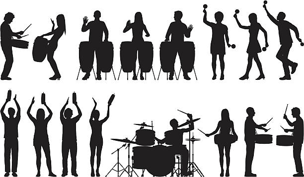 trommler und andere percussionists - cymbal drumstick music percussion instrument stock-grafiken, -clipart, -cartoons und -symbole
