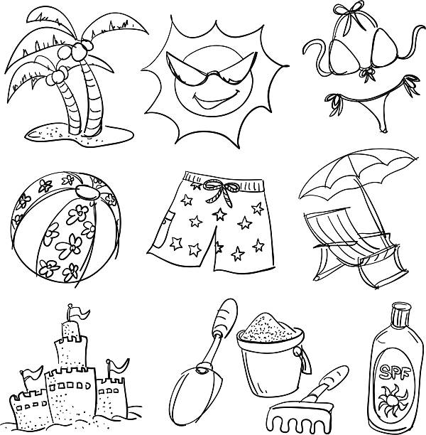 Summer beach fun collection Sketch Drawing of objects on the beach. doodle stock illustrations