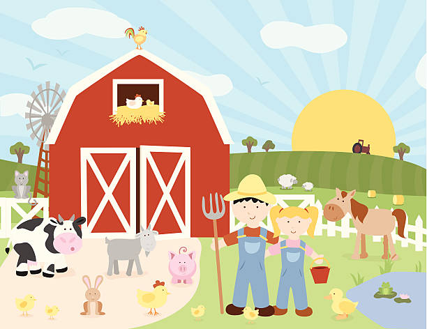 happy farm-motiv - frau weide stock-grafiken, -clipart, -cartoons und -symbole