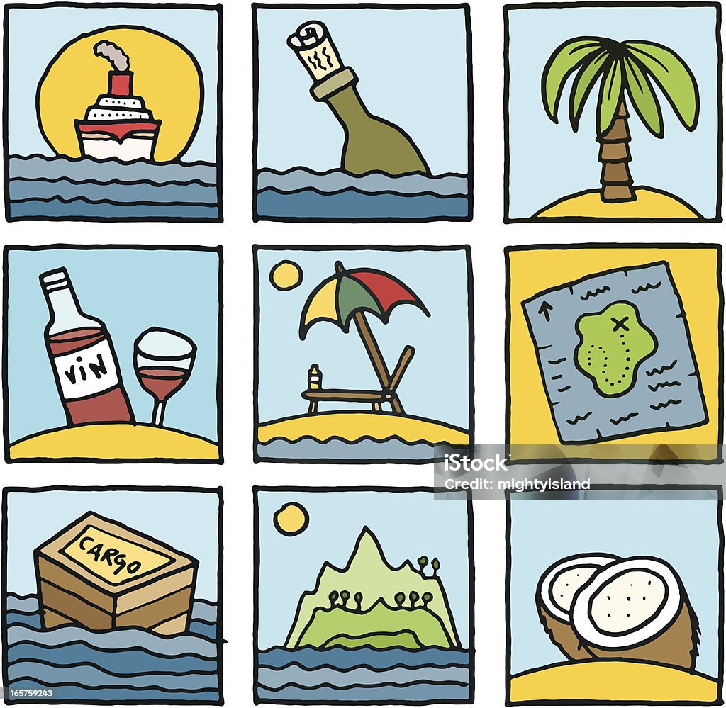 Vacances et voyage set d'icônes cartoon block - clipart vectoriel de Message dans une bouteille libre de droits
