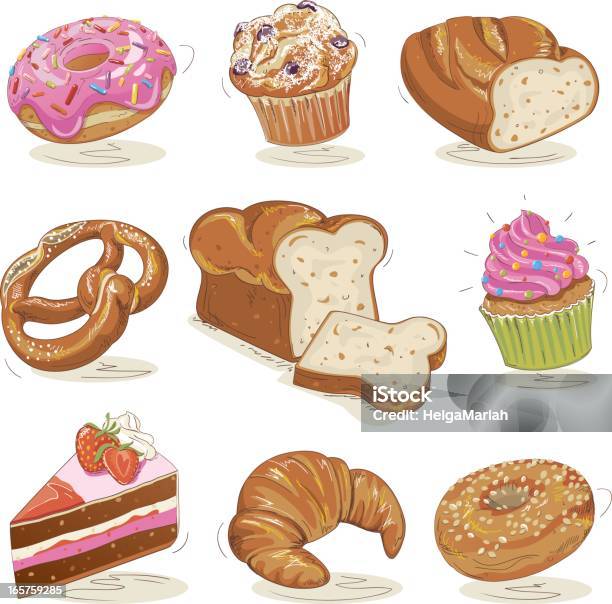 Conjunto De Produtos No Forno - Arte vetorial de stock e mais imagens de Muffin - Muffin, Dónute, Pãozinho em Forma de Anel