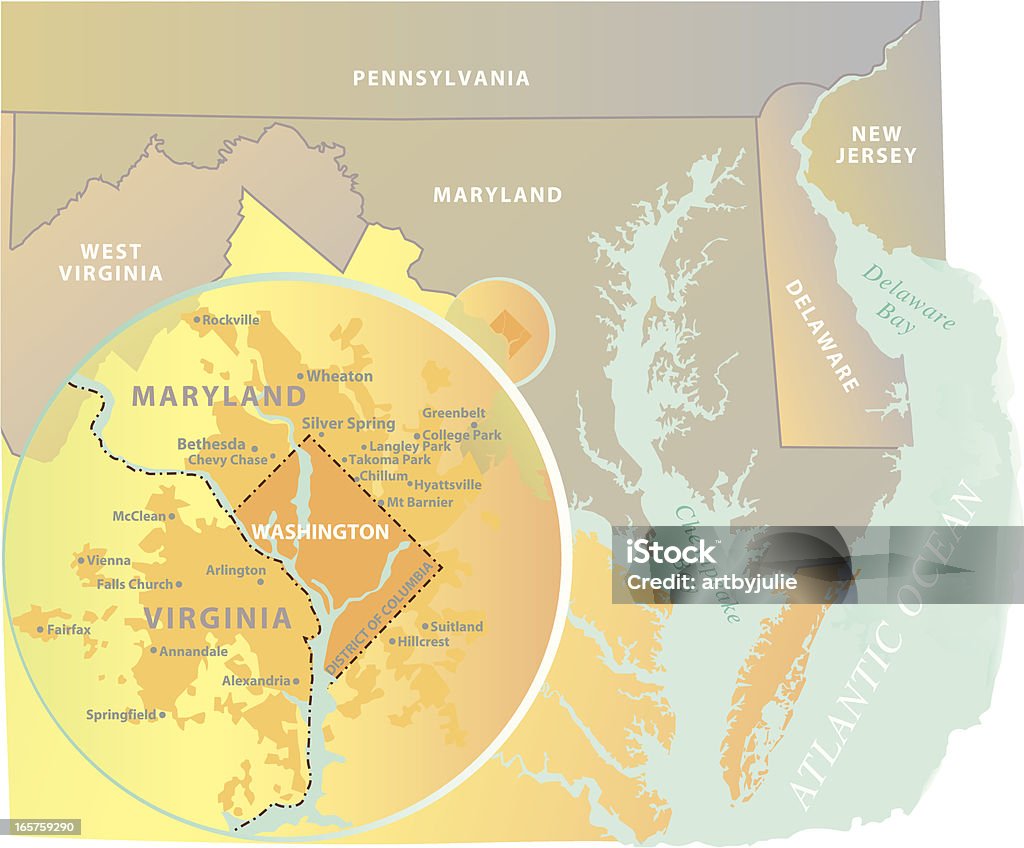 Mapa da área metropolitana de Washington, DC, BANHEIRA - Vetor de Mapa royalty-free