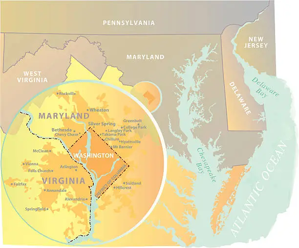 Vector illustration of Washington DC metro area map inset