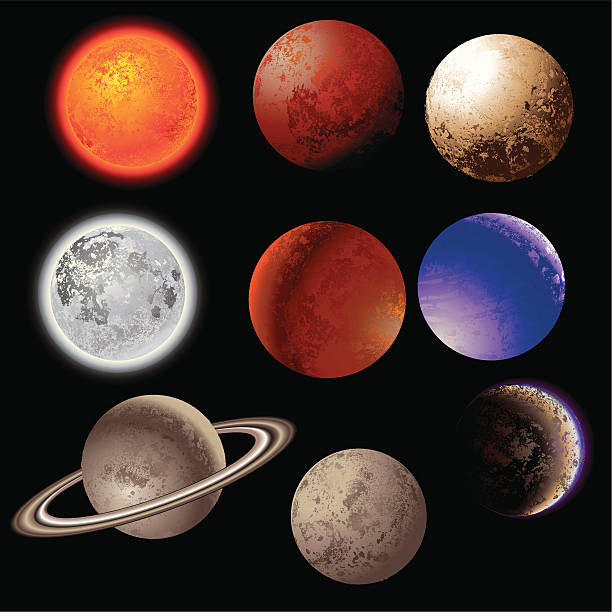 Vector illustration of nine planets over a black background Planet with textured. mars stock illustrations