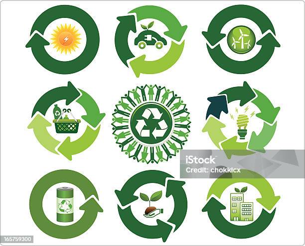 Vários Símbolos E Setas Com Verde Reciclar Ícone - Arte vetorial de stock e mais imagens de Carro Elétrico - Carro Elétrico, Cesto de Compras, Conjunto de ícones