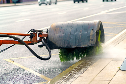 Close-up of a street cleaning truck - minor motion blur