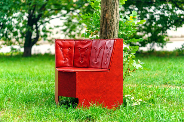 A red leather corner chair stands in the forest near a tree
