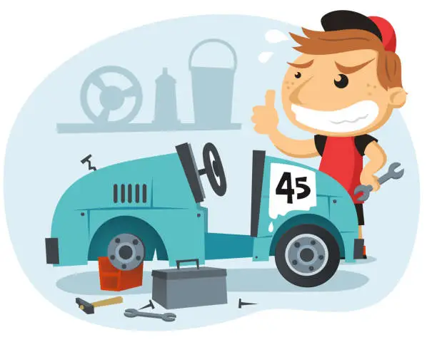 Vector illustration of Boy building a go-kart happy face