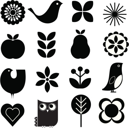 Retro-modern stylish Scandinavian-style vector nature design elements set. Includes birds, flowers, fruit.