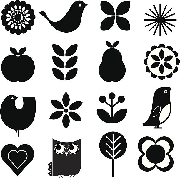 Retro nature icon set Retro-modern stylish Scandinavian-style vector nature design elements set. Includes birds, flowers, fruit. fruit silhouettes stock illustrations