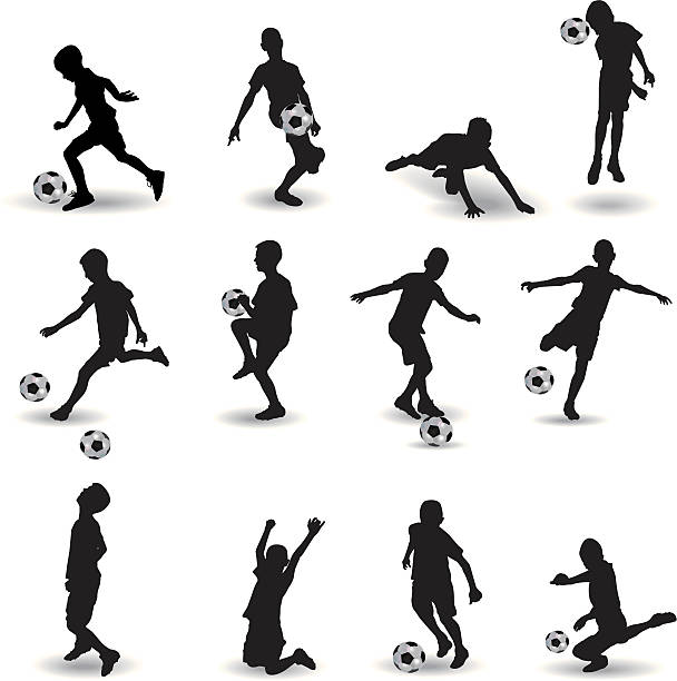 ilustraciones, imágenes clip art, dibujos animados e iconos de stock de escuela de fútbol - soccer child silhouette sport