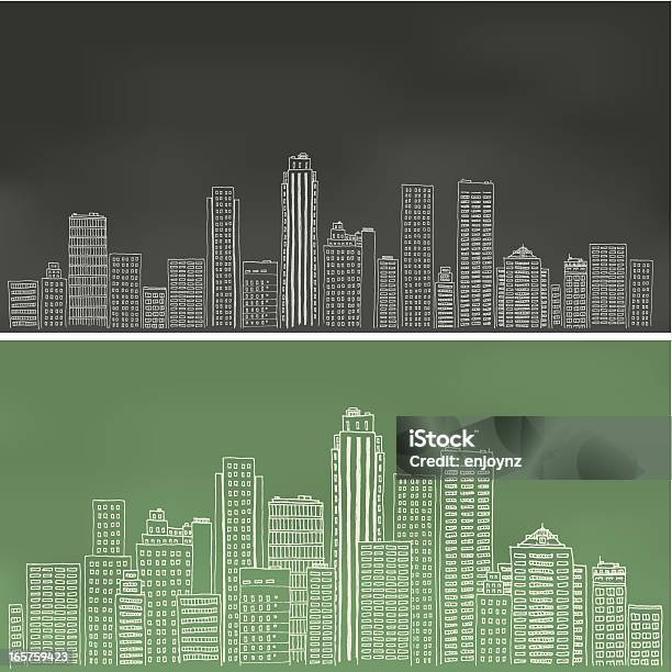 Blackboard Cityscapes Stock Illustration - Download Image Now - Chalkboard - Visual Aid, Building Exterior, Chalk Drawing