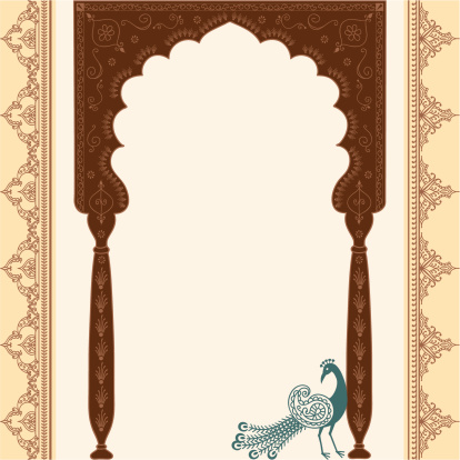 A collection of design elements including a peacock, an ornate arch and two decorative borders. (Includes .jpg)
