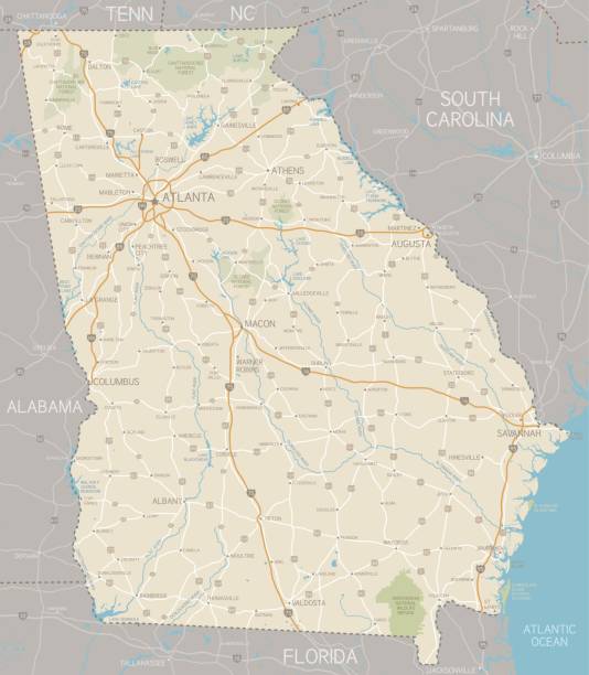 Georgia Map A detailed map of Georgia state with cities, roads, major rivers, and lakes. Includes neighboring states and surrounding water. hey stock illustrations