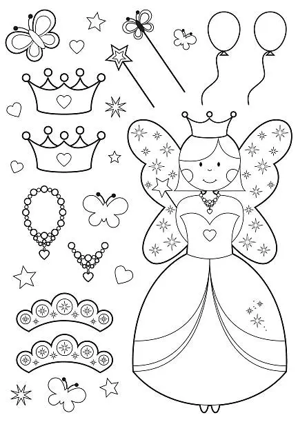 Vector illustration of Fairy Princess with Tiaras, Crowns and Wands to Color In.