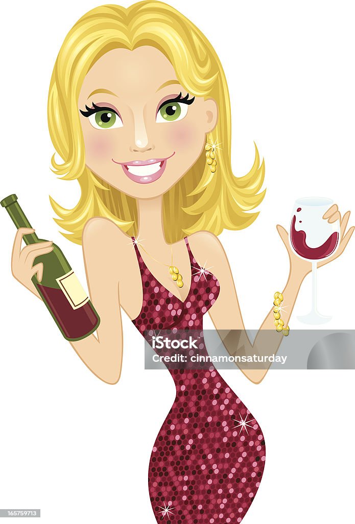 Beautiful blond woman holding wine Beautiful blond woman holding a bottle of wine in one hand and a glass of wine in the other, wearing a sequin dress and jewelry. Drinking stock vector