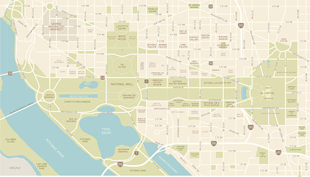 Washington D.C. Map A map of downtown Washington, D.C., including streets, water and points of interest – from museums and memorials to federal buildings. All elements are on separate layers. Includes a CS5 file and an extra-large JPG. city map stock illustrations