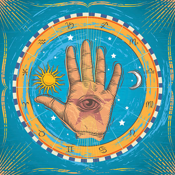Occult Hand The mystic eye sees all! Palm with all-seeing eye inside the zodiac, sun, moon, stars surrounding it, in old wood-block style. teatro stock illustrations