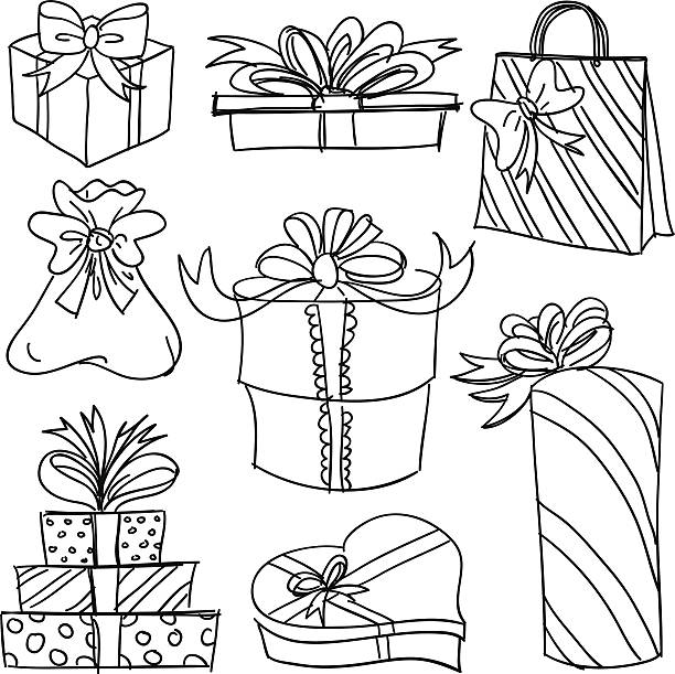 ilustraciones, imágenes clip art, dibujos animados e iconos de stock de colección de cajas de regalo en blanco y negro - heart shape christmas paper christmas gift