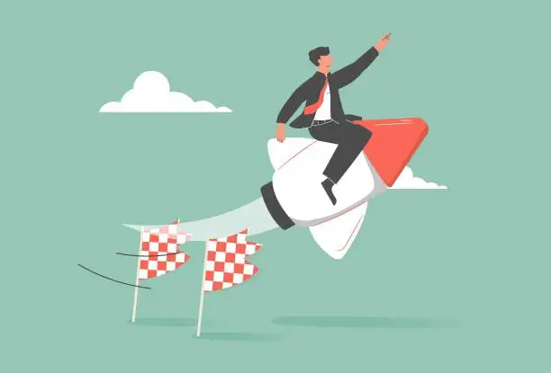 Vector illustration of Cartoon businessman moving top on rocket and crash set vector graphic illustration. Collection of successful team moving