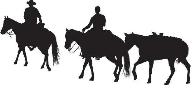 Vector illustration of Men riding pack horses