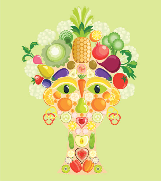Vegetarian face Woman face made from many different fruits tomato face stock illustrations