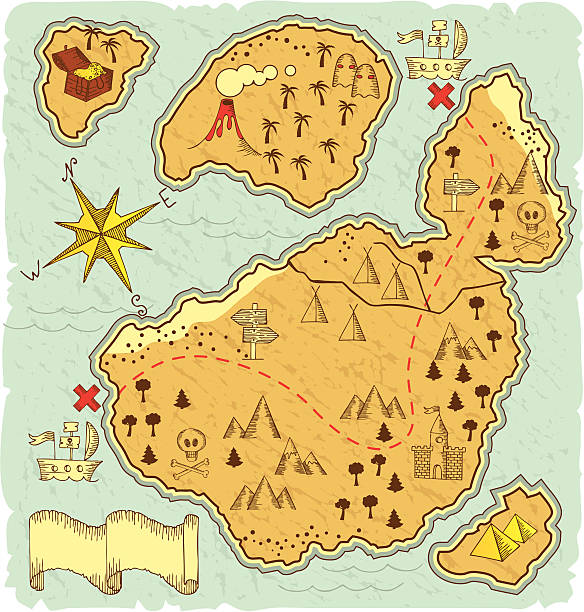 ilustraciones, imágenes clip art, dibujos animados e iconos de stock de dibujados a mano mapa del tesoro - mapas de tesoros