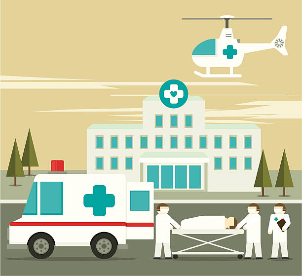 Illustration of hospital ambulance and person on stretcher A patient was delivered to hospital by medical staff and doctor. Zip contains AI, PDF and Hi-res Jpeg. hospital emergency stock illustrations