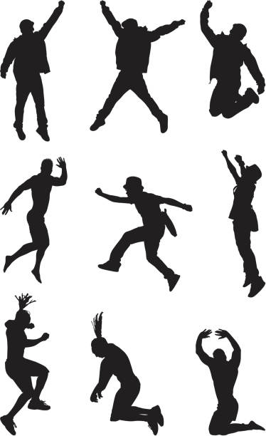 ilustrações, clipart, desenhos animados e ícones de homens silhuetas de saltar empolgante - men silhouette arms outstretched freedom