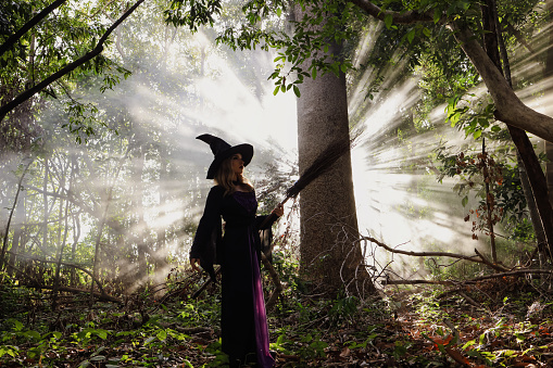 Portrait Witch holds the magic broom in the rustic  forest on Halloween day