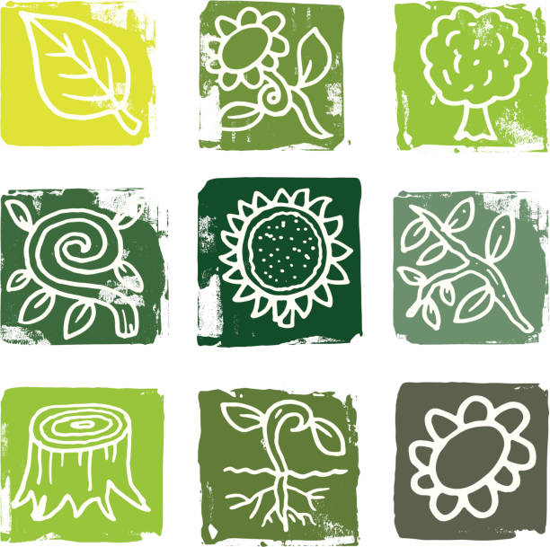 Nature and tree grunge icon block set vector art illustration