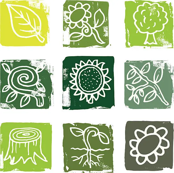 Vector illustration of Nature and tree grunge icon block set