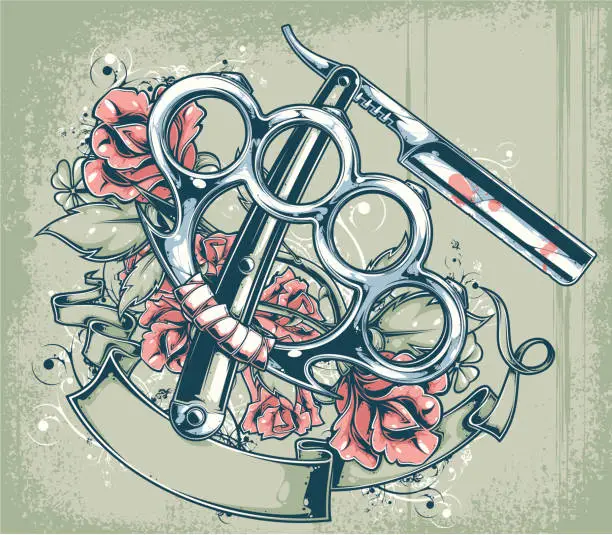 Vector illustration of brass knuckles & straight razor