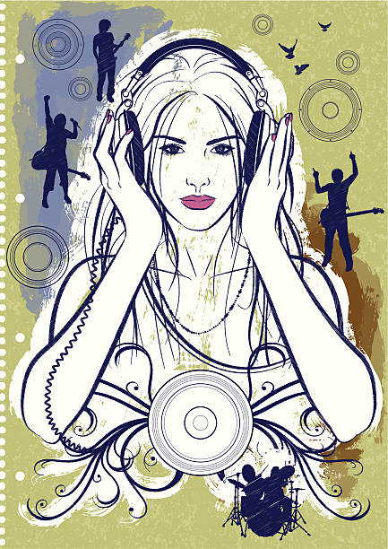 illustrations, cliparts, dessins animés et icônes de j'adore la musique - listening music illustration and painting hand drawn
