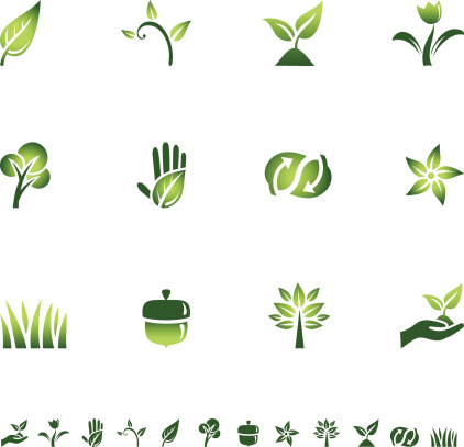 Set of icons with different symbols of the green movement. Each icon is grouped individually for easy editing.  Colors are global, so they can be changed easily.