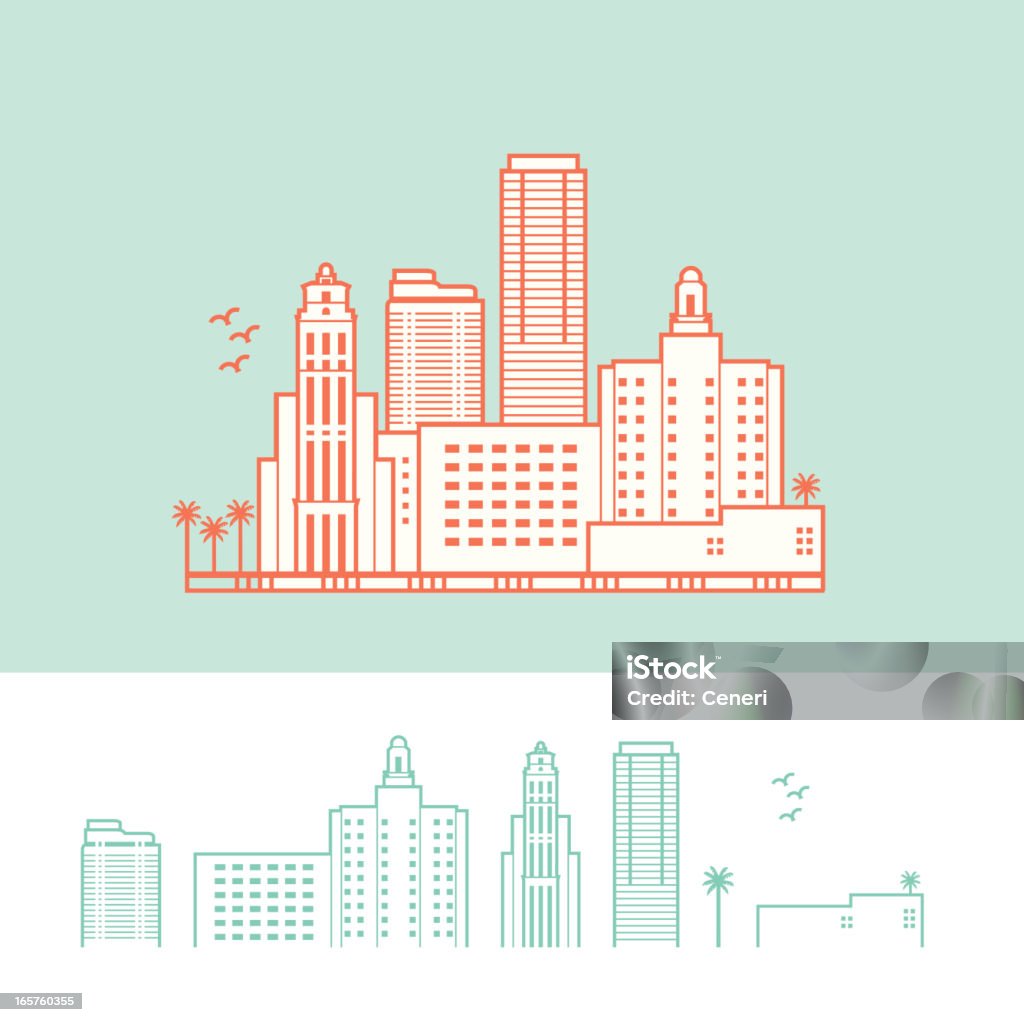 Cityscape of Miami, Florida, USA Stylized Representation of Miami. Background, fill, and city outline are on separate layers. You can use the city illustration without the fill. Miami stock vector