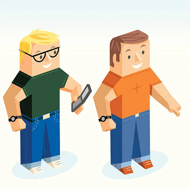 Vector illustration of Cube guy texting with pointing friend
